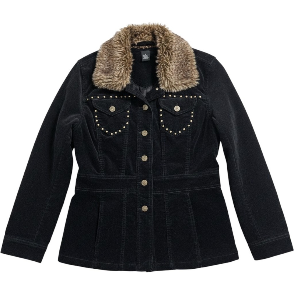 Kikit Jeans Jacket Womens M Black Corduroy Faux Fur Collar Studded Western Retro
